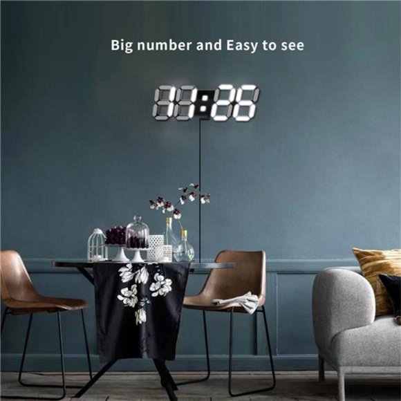 LED Digital Clock 3D Modern Clocks Wall/Desk 9.7'' Large Display Remote Alarm - Picture 5 of 6